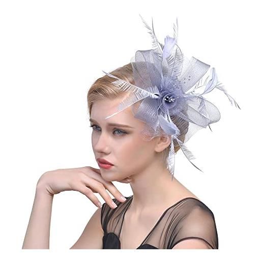 Generic fascinators - cappello a cilindro per matrimonio con alice con fiore in rete, per capelli, copricapo, piuma, fascia per capelli con piume (grigio)