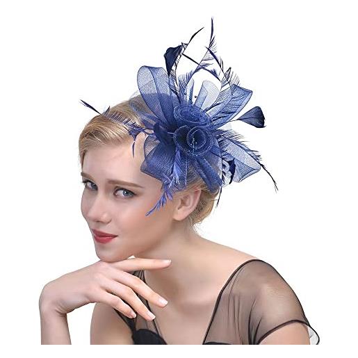 Generic fascinators - cappello a cilindro per matrimonio con alice con fiore in rete, per capelli, copricapo e piume, fascia per capelli (blu navy)