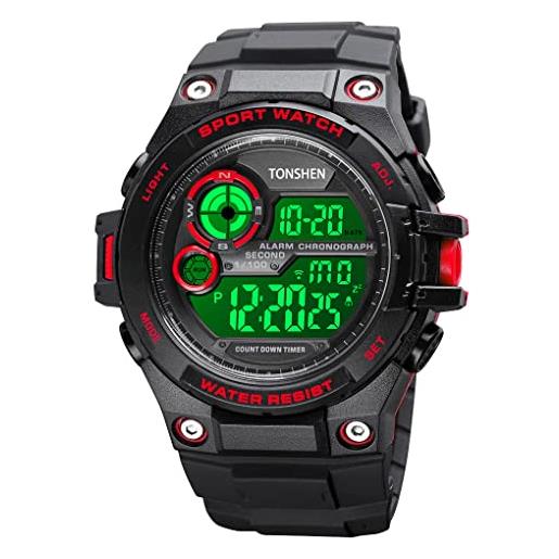 TONSHEN orologio sportivo uomo impermeabile led elettronico doppio tempo allarme cronometro outdoor militare digitale orologi da polso conto alla rovescia (rosso)