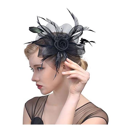 Generic fascinators - cappello a cilindro per matrimonio con alice con fiore in rete, per capelli, con piume e fiori, colore: nero