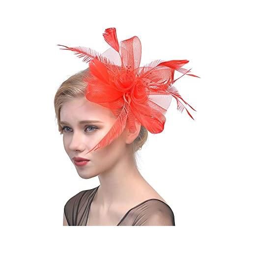 Generic fascinators - cappellino da matrimonio, con motivo a fiori, in rete, con piume, fascia per capelli (rosso)