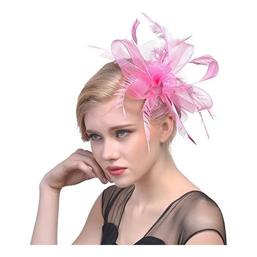 Generic fascinators - cappello a cilindro per matrimonio con alice con fiore in rete, per capelli, copricapo, piuma, fascia per capelli con piume (rosa)