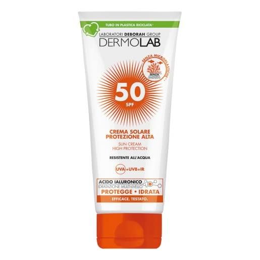 Dermolab - crema solare viso e corpo, protezione alta spf 50, per pelli chiare e delicate, contrasta invecchiamento cutaneo e raggi uva, resistente all'acqua, dermatologicamente testato, 200ml