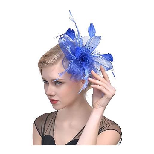 Generic fascinators - cappello a cilindro per matrimonio con alice con fiore in rete, per capelli, copricapo, piuma, fascia per capelli con piume (blu)