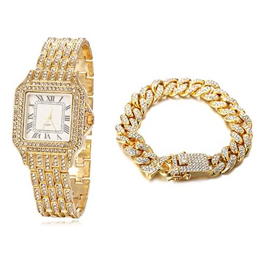 HALUKAKAH orologio d'oro con diamanti, uomo placcato oro 18 carati plated 33mm larghezza larghezza quadrante quadrato quartz 20cm con catena cubane20cm bracelet, confezione regalo gratuita