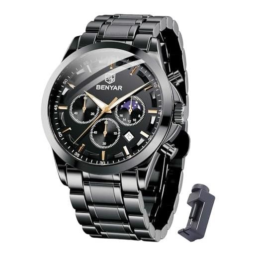 BY BENYAR orologio da uomo al quarzo analogico in acciaio inossidabile, cinturino timing date display 30m impermeabile luminoso, nero