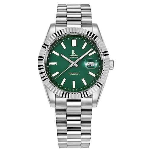 Alienwork orologio uomo donna argento bracciale in acciaio calendario data verde classico elegante