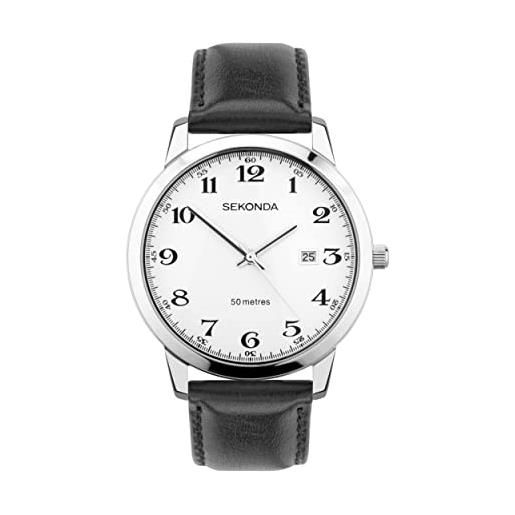 Sekonda easy reader - orologio al quarzo da uomo, 42 mm, con display analogico della data e cinturino in pelle nera, argento