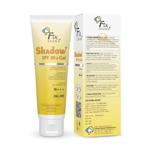 FIXDERMA gel shadow spf 30+, dermatologicamente testato offre spf 30+, protezione uva e uvb ad ampio spettro, crema solare resistente all'acqua, crema solare non grassa, gel spf 30-40 g