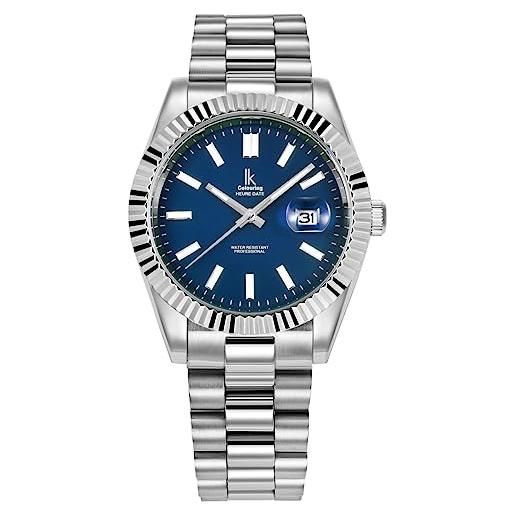Alienwork orologio uomo donna argento bracciale in acciaio calendario data blu marino classico elegante