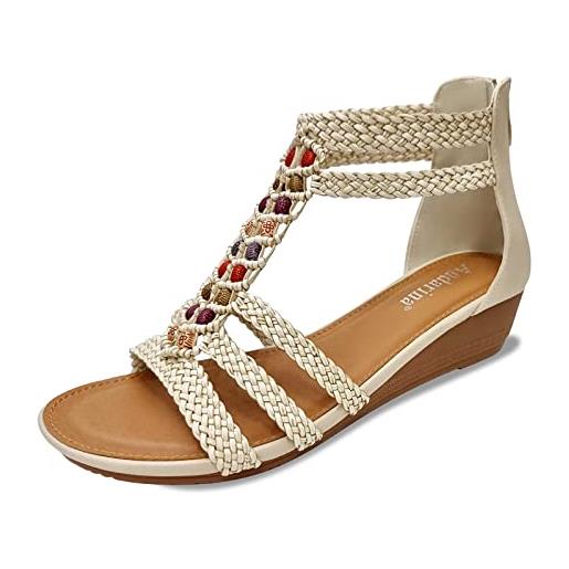 Andarina sandali con zeppa da donna con perline di fiori e strass striscia intrecciata, bianco, 37 eu