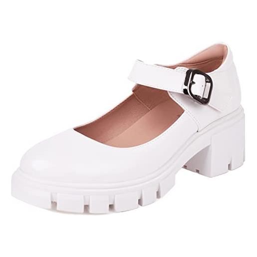 XIEWANG donna platform mary jane scarpe punta rotonda tacco medio nero scarpe da scuola, bianco, 37 eu