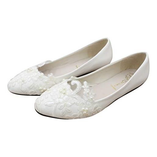 Fenical, scarpe da donna in pizzo, con fiore, per matrimonio, sposa, 1 paio, taglia 39, colore bianco