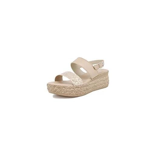 QUEEN HELENA sandali di pelle con zeppa con strass estivi donna 3050-3156 (beige, numeric_38)