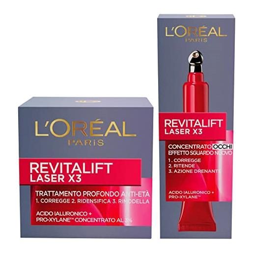 L'Oréal Paris revitalift crema giorno laser x3 azione antirughe + revitalift contorno occhi laser x3 anti-età - 2 trattamenti con acido ialuronico e prox-xylane