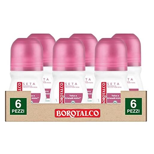 Borotalco 6x Borotalco deodorante roll-on seta profumo di talco e fiori rosa protezione 48h con talco a cristalli attivi - 6 flaconi da 50ml