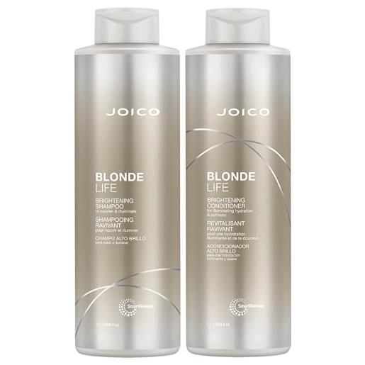 Joico - set doppio di shampoo illuminante e balsamo nutriente blonde life da 1.000 ml, con dosatori in omaggio, anti effetto ottone per capelli biondi/grigi/platino