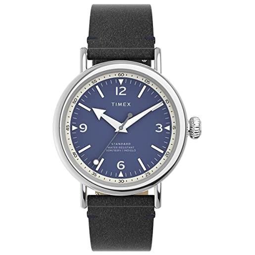 Timex orologio da uomo standard da 40 mm in pelle ecologica con cinturino nero quadrante blu cassa argentata, nero, movimento al quarzo