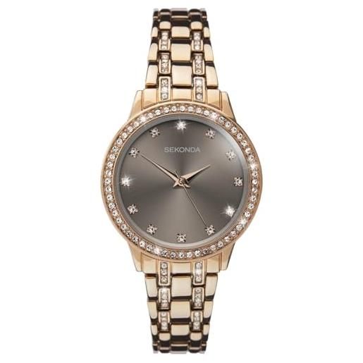 Sekonda orologio al quarzo donna, misura cassa 28.00mm con quadrante grigio analogico e cinturino oro rosa in acciaio inossidabile 2962
