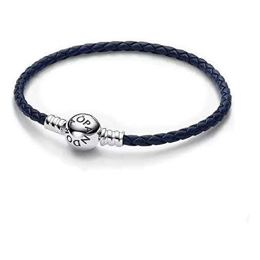 Pandora bracciale moments con cinturino in pelle intrecciata blu con chiusura rotonda, s1