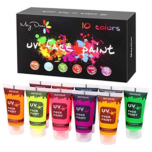 Maydear face paint and body paint set, liquid body paint safe and non-toxic body paint for kids & adults (opaco) (10 colori - uv)