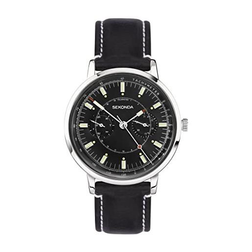 Sekonda orologio al quarzo da uomo 1978 da 38 mm con display analogico giorno/data e cinturino in pelle, nero , cinturino