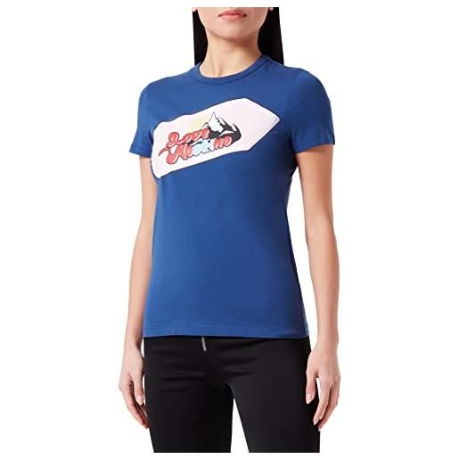 Love Moschino slim fit a maniche corte con stampa impermeabile e dettagli glitterati t-shirt, blu, 44 donna