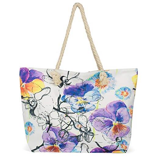 styleBREAKER borsa da spiaggia ladies xxl con stampa floreale colorata di fiori viola, cerniera, borsa a tracolla, shopper 02012346, colore: bianco-violetto-blu