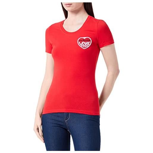 Love Moschino tight-fit short sleeve with embroidered love storm knit effect heart patch t-shirt, blu, 48 donna