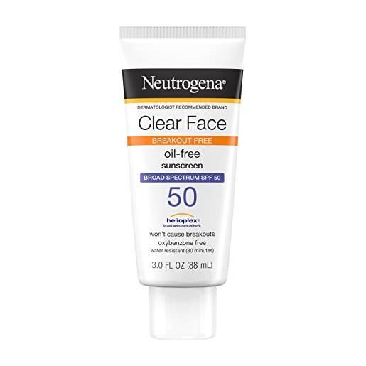 Johnson & Johnson neutrogena clear face liquid lotion - protezione solare per pelli sensibili all'acne, ampio spettro spf 50 uva/uvb, protezione solare viso senza olio, profumo e ossibenzone, non comedogenica, 0,8 l