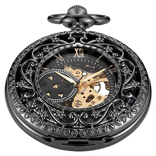 Tiong orologio da tasca meccanico traforato da uomo, con numeri romani da uomo, quadrante nero con ciondolo a catena, regalo per la festa del papà, mpw138-uk. 