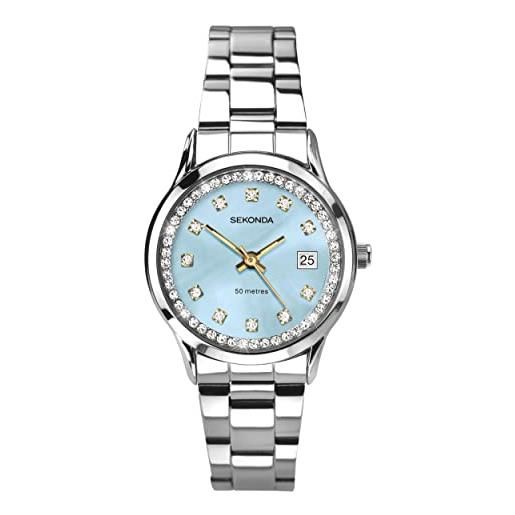 Sekonda catherine - orologio da donna al quarzo con display analogico e cinturino in acciaio inox, 27 mm, azzurro, bracciale