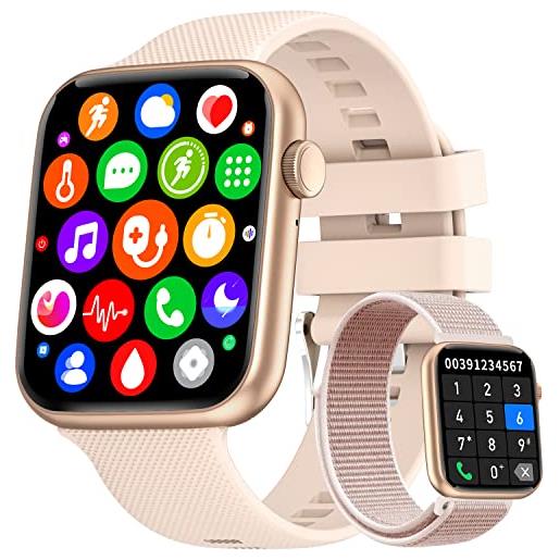 DrNanhai smartwatch con chiamata bluetooth, risposta vivavoce, impermeabile orologio fitness da 1,85'' cardiofrequenzimetro cronometro monitoraggio sonno assistente vocale per android/ios- 2 cinturini