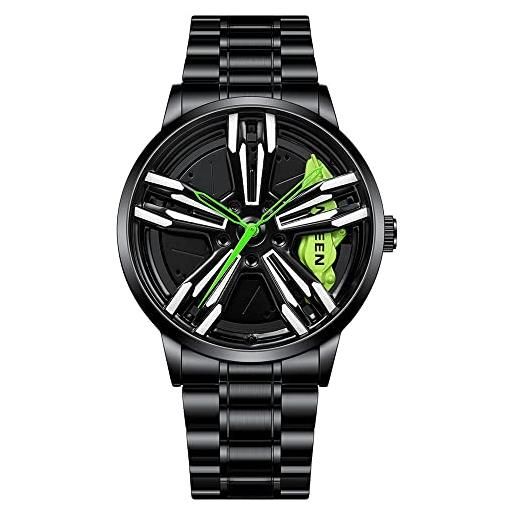 MIDYUID orologi da uomo orologio da mozzo con cerchione per auto orologio da polso al quarzo sportivo di moda con ruota stereoscopica cava per orologi da polso da uomo (green-01)