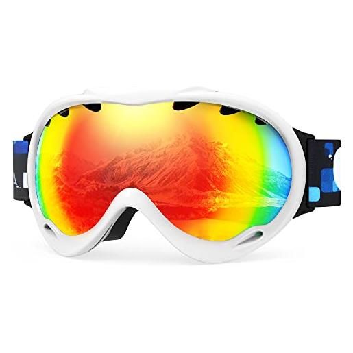 RABIGALA bolle - occhiali da sci anti-appannamento, doppia lente da neve, 99% , protezione uv, antiurto, traspiranti, antivento, ampio campo visivo per snowboard, moto (bianco)