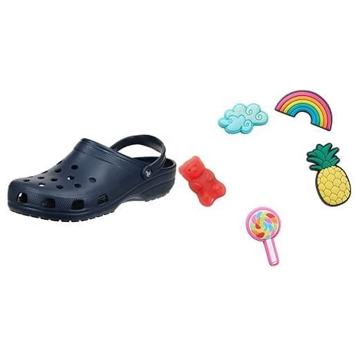 Crocs classic, zoccoli unisex - adulto, blu (navy), 42/43 eu + shoe charm 5-pack, decorazione di scarpe, happy candy