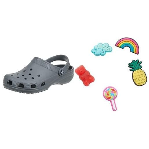 Crocs classic, zoccoli unisex - adulto, grigio (slate grey), 42/43 eu + shoe charm 5-pack, decorazione di scarpe, happy candy