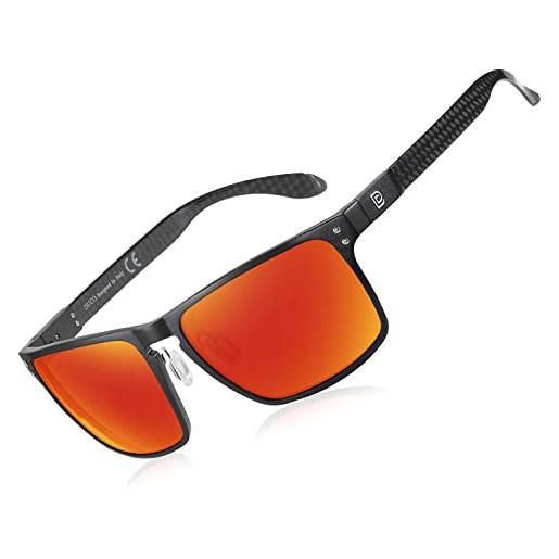 DUCO occhiali da sole polarizzati da uomo con montatura rettangolare in metallo e fibra di carbonio occhiali gambe uv400 dc8208, cornice nera revo rosso, 55