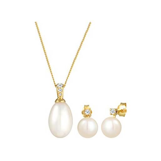 DIAMORE elli diamonds set di gioielli orecchini a perla classica con diamante (0,11 ct. ) in oro giallo 585