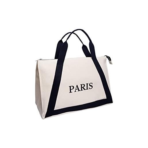 NEW HOPE borsa shopper con cerniera e tracolla nera con scritta parigi, donna, latte