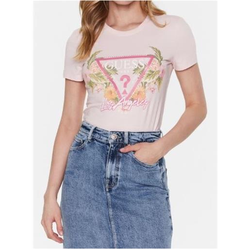 Guess ss cn triange flowers t-shirt m/m rosa logo triang flor donna