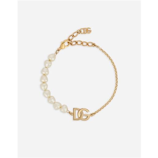 Dolce & Gabbana bracciale catena con perle e logo dg