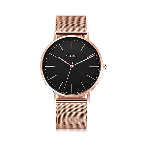 XCOAST meridium - elegante orologio da polso da uomo, design minimalista, ultra sottile, al quarzo, con cinturino in acciaio inox, colore rosa nero 570201