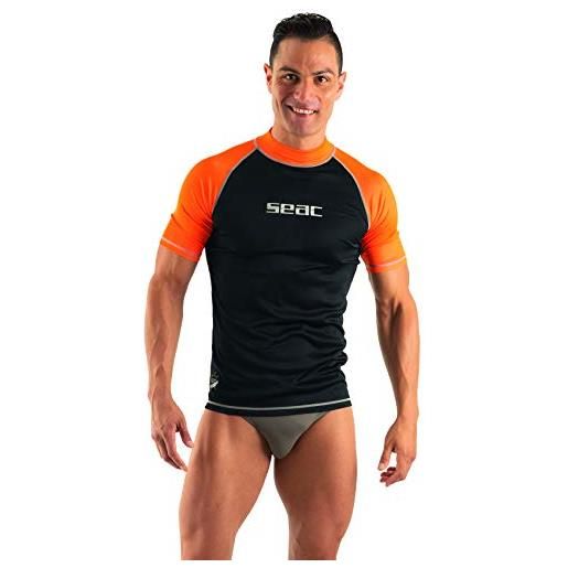 SEAC t-sun short man, maglia protettiva rash guard per snorkeling e nuoto anti uv, nero/arancione, l