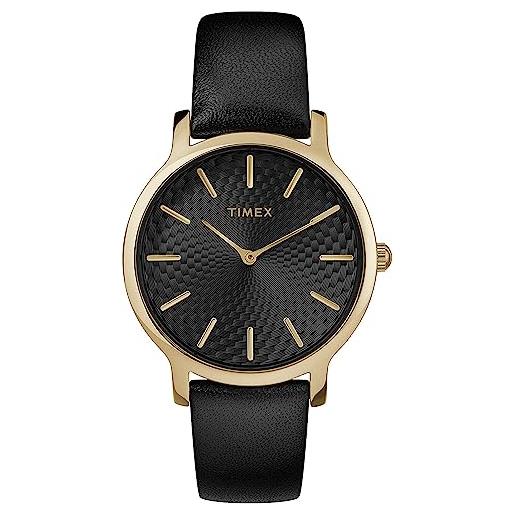 Timex trend 34mm, orologio da donna, cassa dorata con quadrante nero e cinturino in pelle nero, tw2r36400