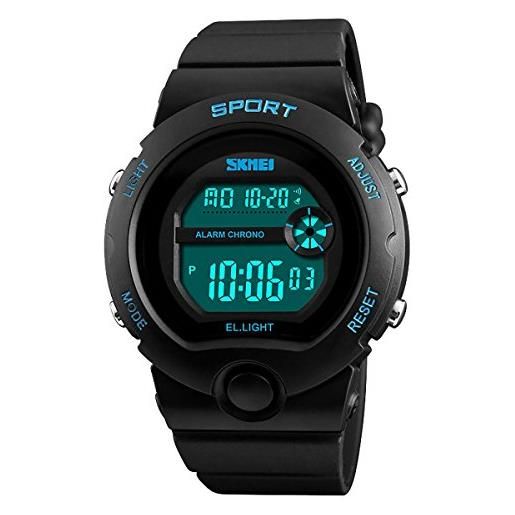 SKMEI orologio digitale nero per ragazzi e ragazze, resistente all'acqua fino a 50 m, cronometro, sveglia, luce dg1334, blu, medium, cinturino