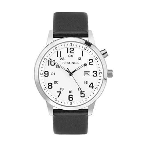 Sekonda easy reader - orologio al quarzo da uomo, 46 mm, con display analogico della data e cinturino in pelle nera, argento