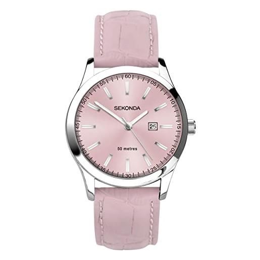 Sekonda taylor - orologio al quarzo da donna, 34 mm, con display analogico e cinturino in pelle, rosa, cinturino