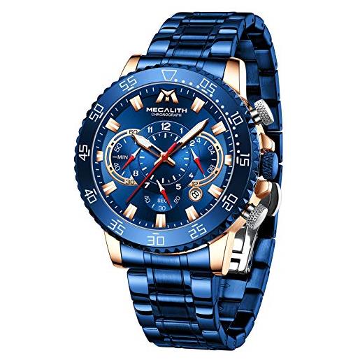 MEGALITH orologio uomo 45mm orologio cronografo quarzo uomo, moda orologio acciaio uomo impermeabile orologi da polso luminoso data, moda regali uomo - blu
