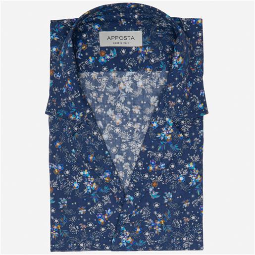 Apposta camicia disegni a fiori blu 100% puro cotone popeline, collo stile collo bowling